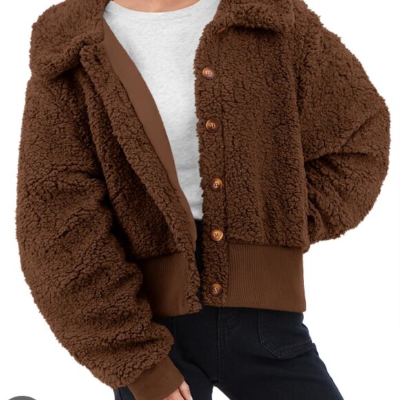 BTFBM Women's Button Down Sherpa Shacket Jacket LSV Faux Fur Teddy Bear S Brown - Picture 8 of 8